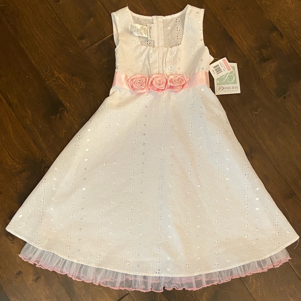 NWT Bonnie Jean White Eyelet Dress with Pink Flowers - Size 10 Girls